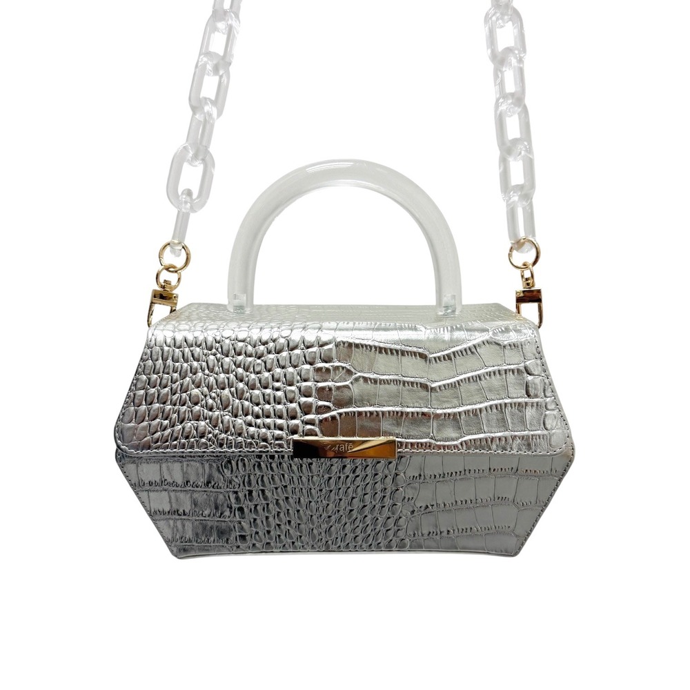 Rafe New York Silver Croc Embossed Leather Hexagon Bag Clear Acrylic Strap